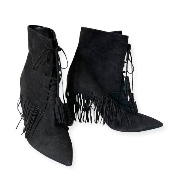 AQUAZZURA Mustang 105 Fringe Heeled‎ Ankle Boots In Black Suede, Size 37 EU - Picture 7 of 12